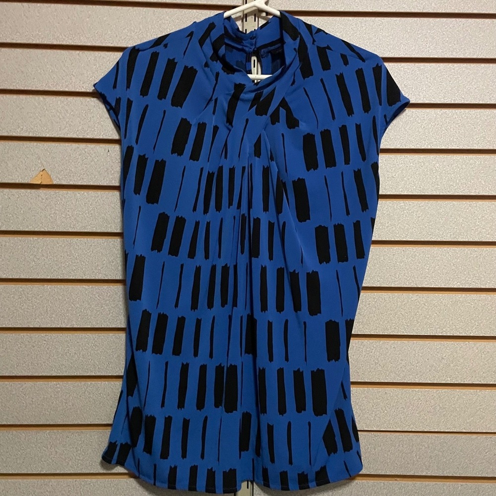 Worthington Womens XL Blue Black Abstract Brushstroke Mock Neck Pleated Blouse